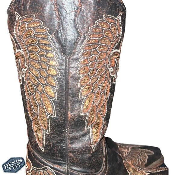 CORRAL WOMENS FLOR DE LIS WINGS BROWN LEATHER SEQUIN WESTERN COWBOY BOOTS - Picture 7 of 16